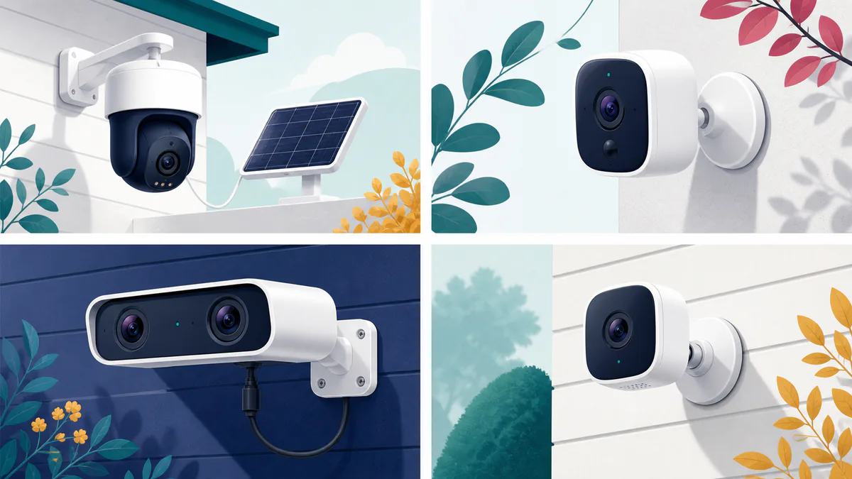 Stylized illustration of outdoor security cameras watching a home while footage is stored on local devices